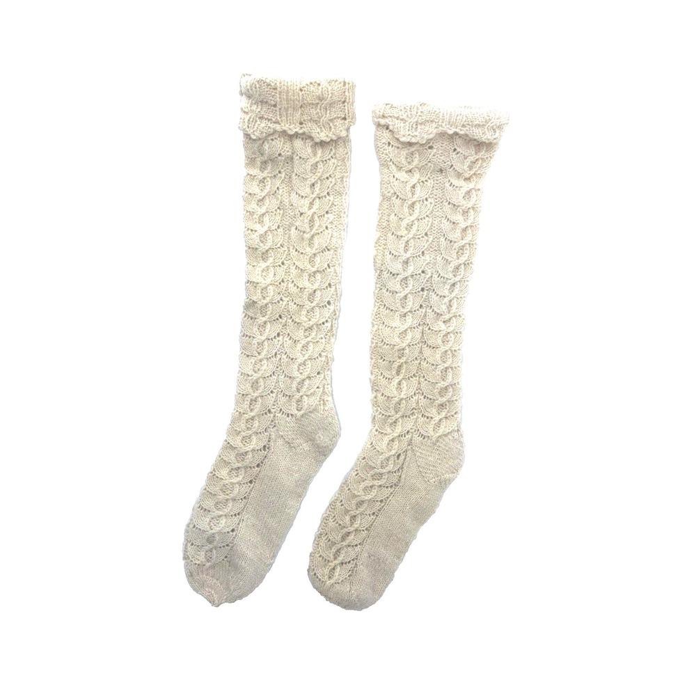 Hand Knit Cable Pointelle Lace Knee High Socks Cream Boot Stockings Cottagecore